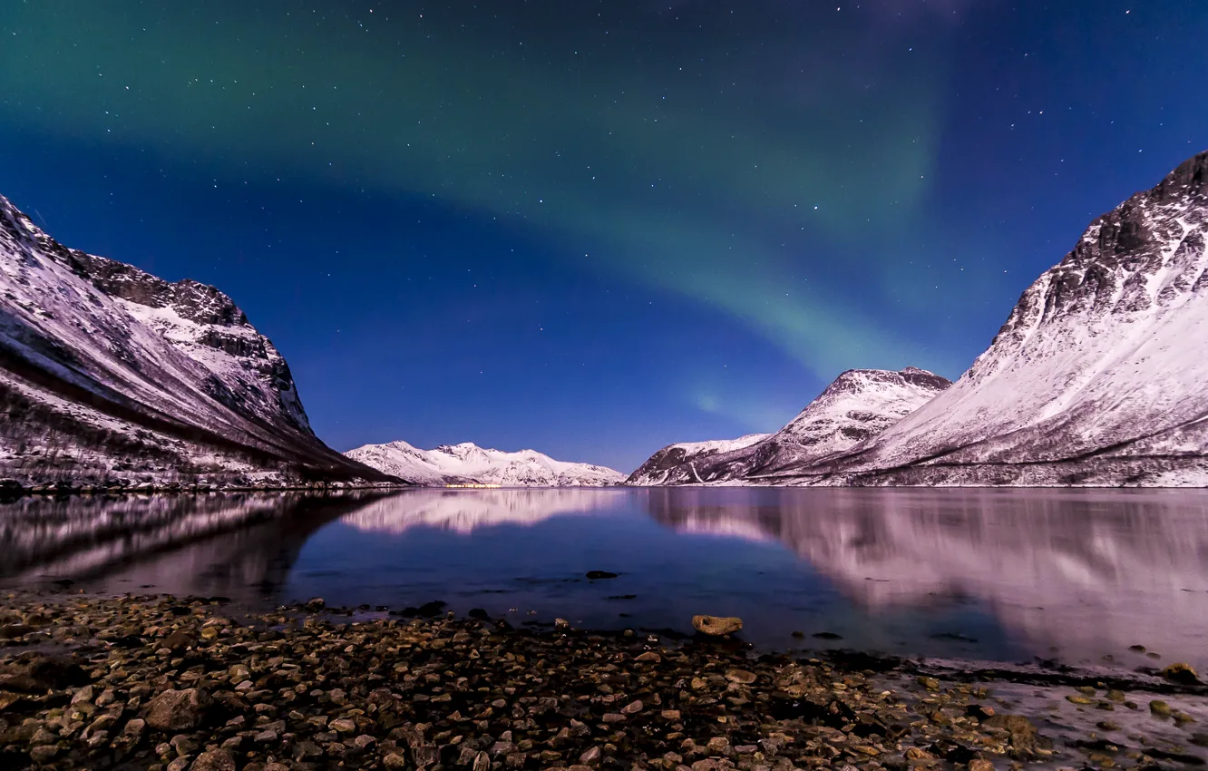 Photo wallpaper winter, night, Northern lights, Norway, The Fjord Of Tromso