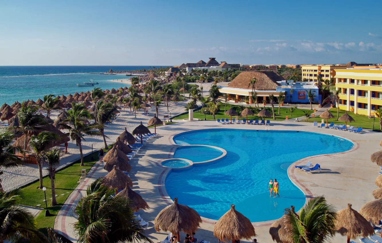 Photo wallpaper sea, palm trees, the ocean, pool, the hotel, resort