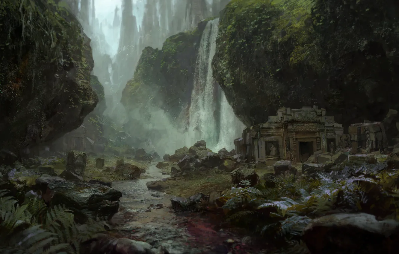 Photo wallpaper grass, fog, stream, stones, waterfall, moss, ruins, Path of Exile