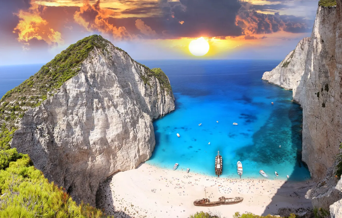 Photo wallpaper sea, landscape, sunset, rocks, island, Bay