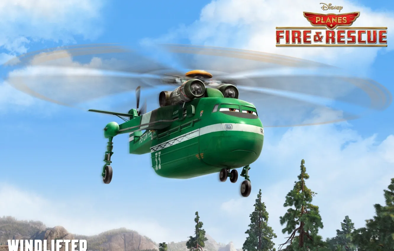 Photo wallpaper Disney, sky, mountain, tree, Family, movie, helicopter, eye