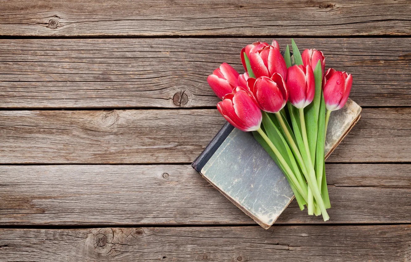 Photo wallpaper flowers, bouquet, tulips, red, red, wood, flowers, romantic