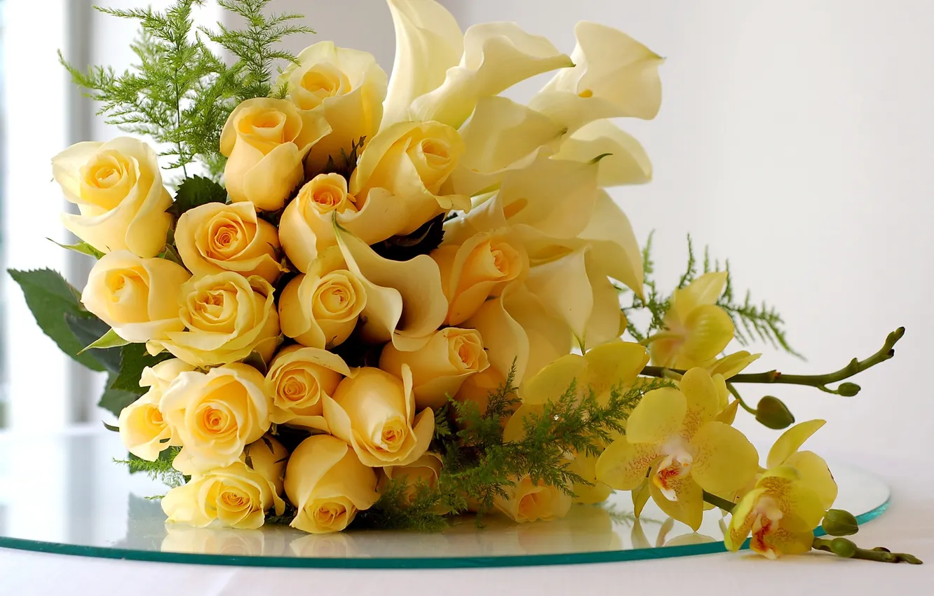 Photo wallpaper roses, bouquet, yellow roses
