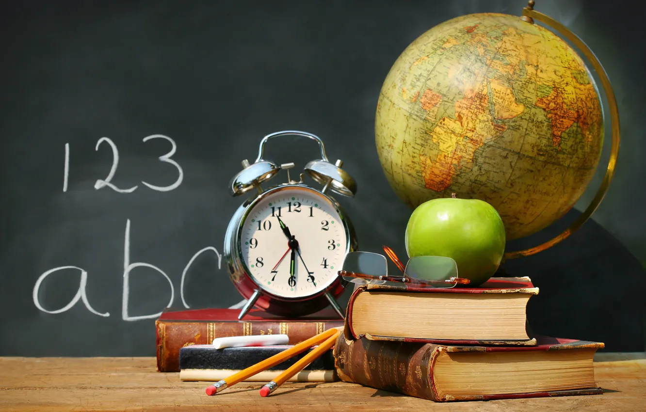 Photo wallpaper table, apples, Board, watch, pencils, alarm clock, glasses, book