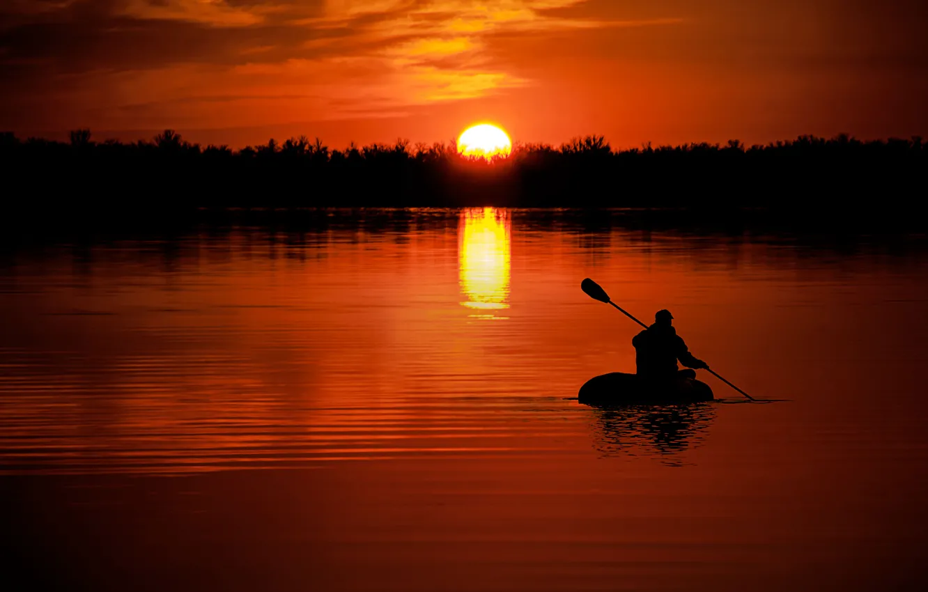 Photo wallpaper sunset, nature, river, the way, boat, people, goal, the evening