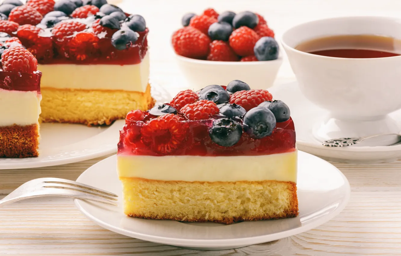 Photo wallpaper berries, tea, cake, cream, sweet, jelly, biscuit