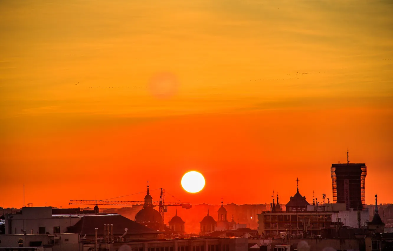 Photo wallpaper the sun, sunset, the city, glow, Spain, Madrid