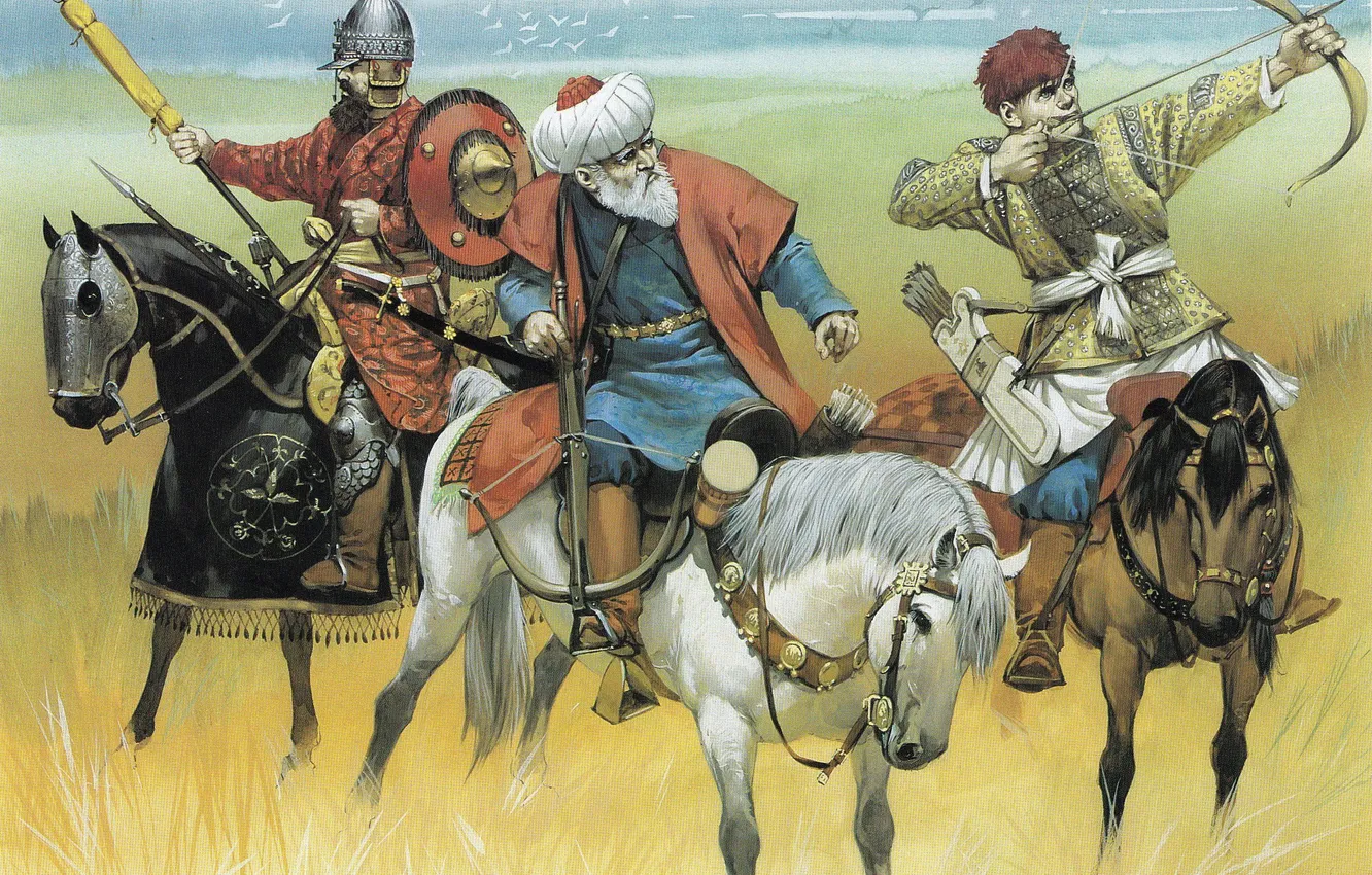 Photo wallpaper Picture, Bow, Horse, Warriors, Art, The old man, Crossbow, Riders