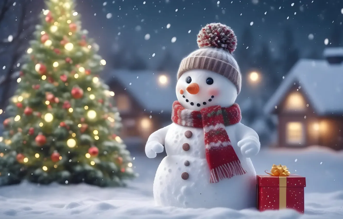 Photo wallpaper winter, snow, snowflakes, tree, New Year, Christmas, snowman, happy