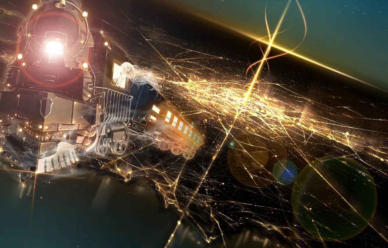 Photo wallpaper the sky, girl, flight, night, lights, train, anime, art