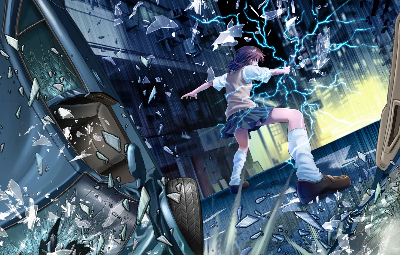 Photo wallpaper machine, girl, night, the city, rain, magic, lightning, misaka mikoto