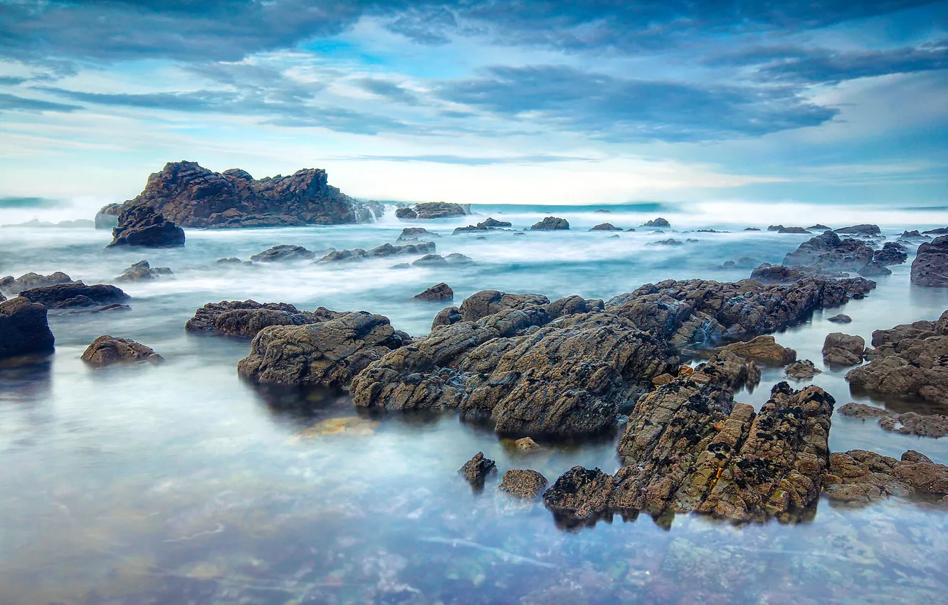 Photo wallpaper sea, wave, the sky, clouds, stones, rocks