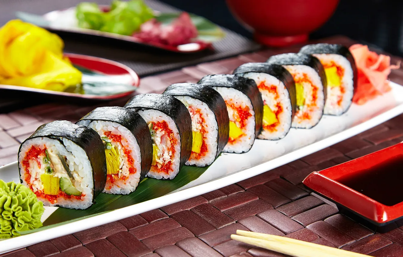 Photo wallpaper sushi, rolls, filling, soy sauce, nori, wasabi