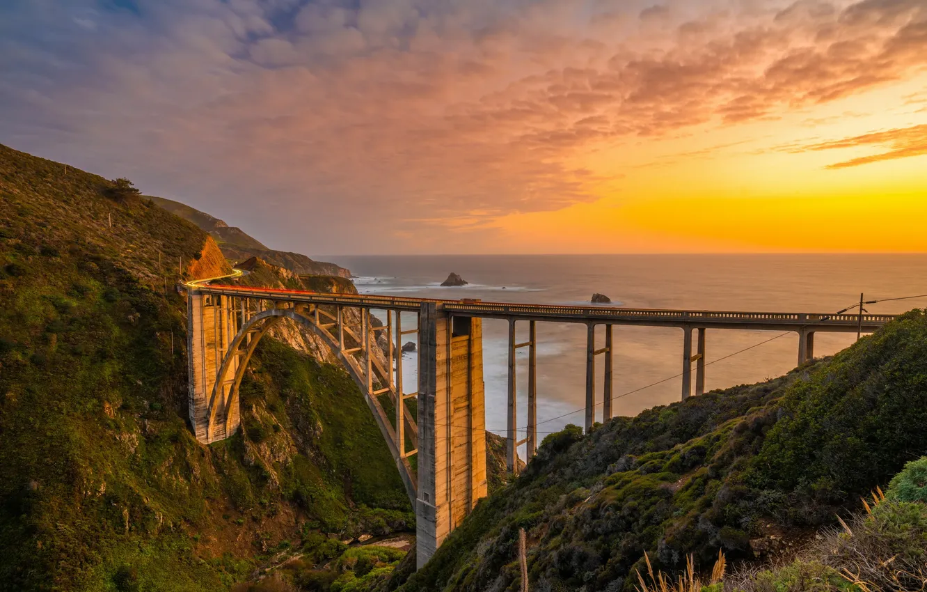 Photo wallpaper wave, the sky, clouds, landscape, sunset, mountains, bridge, nature