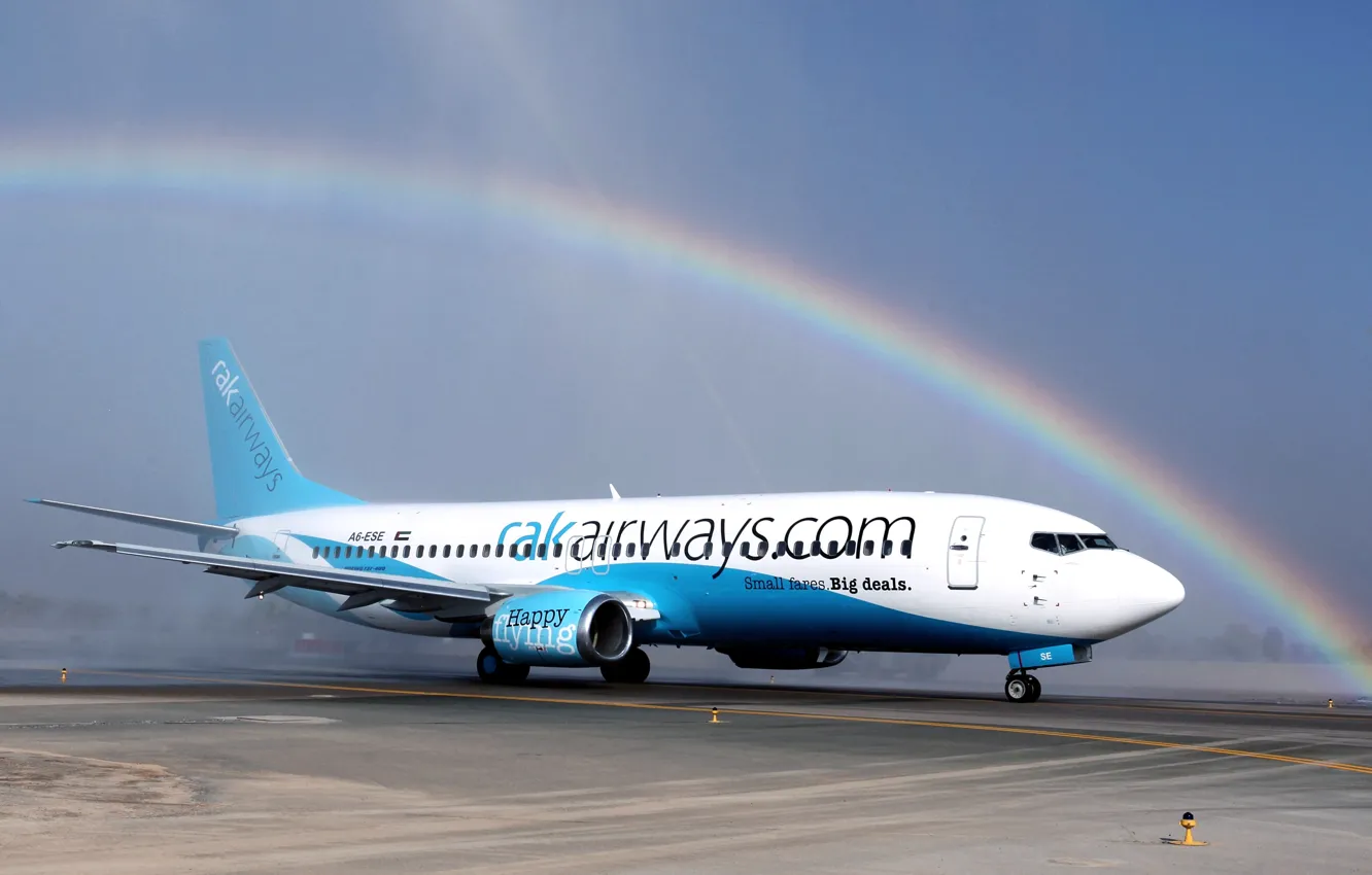 Photo wallpaper The sky, The plane, Rainbow, Day, Wings, Boeing, Aviation, 737