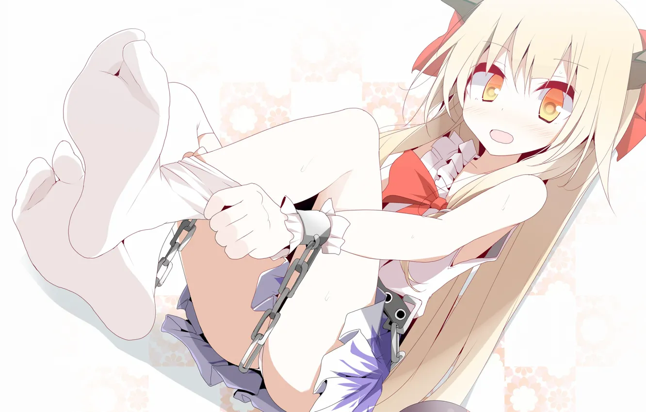 Photo wallpaper white background, horns, chain, yellow eyes, sitting on the floor, bangs, white stockings, Touhou Project