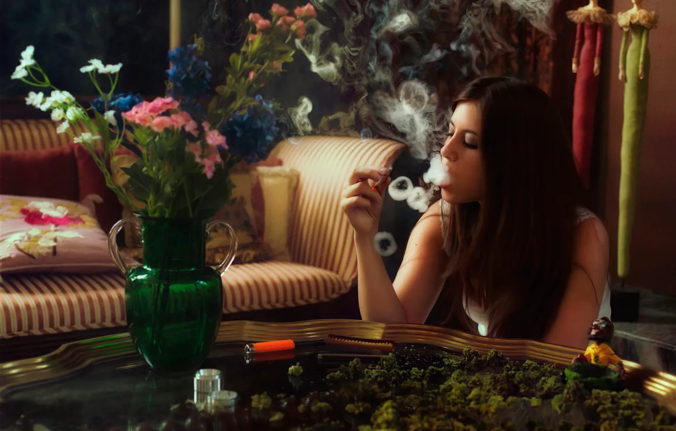 Photo wallpaper girl, flowers, table, smoke, ring, vase, hemp, smokes