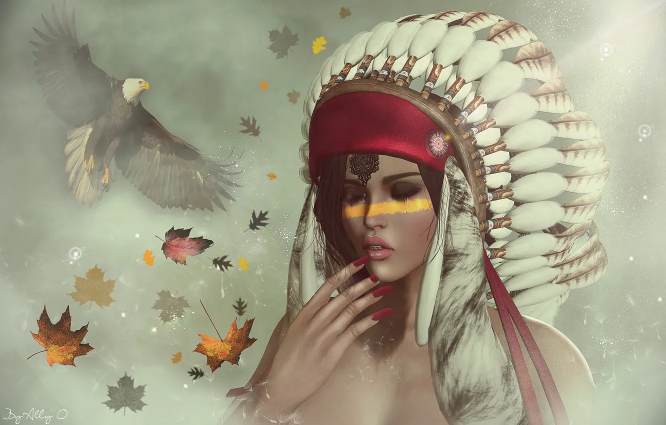 Photo wallpaper leaves, girl, face, background, feathers, hawk, paint, headdress