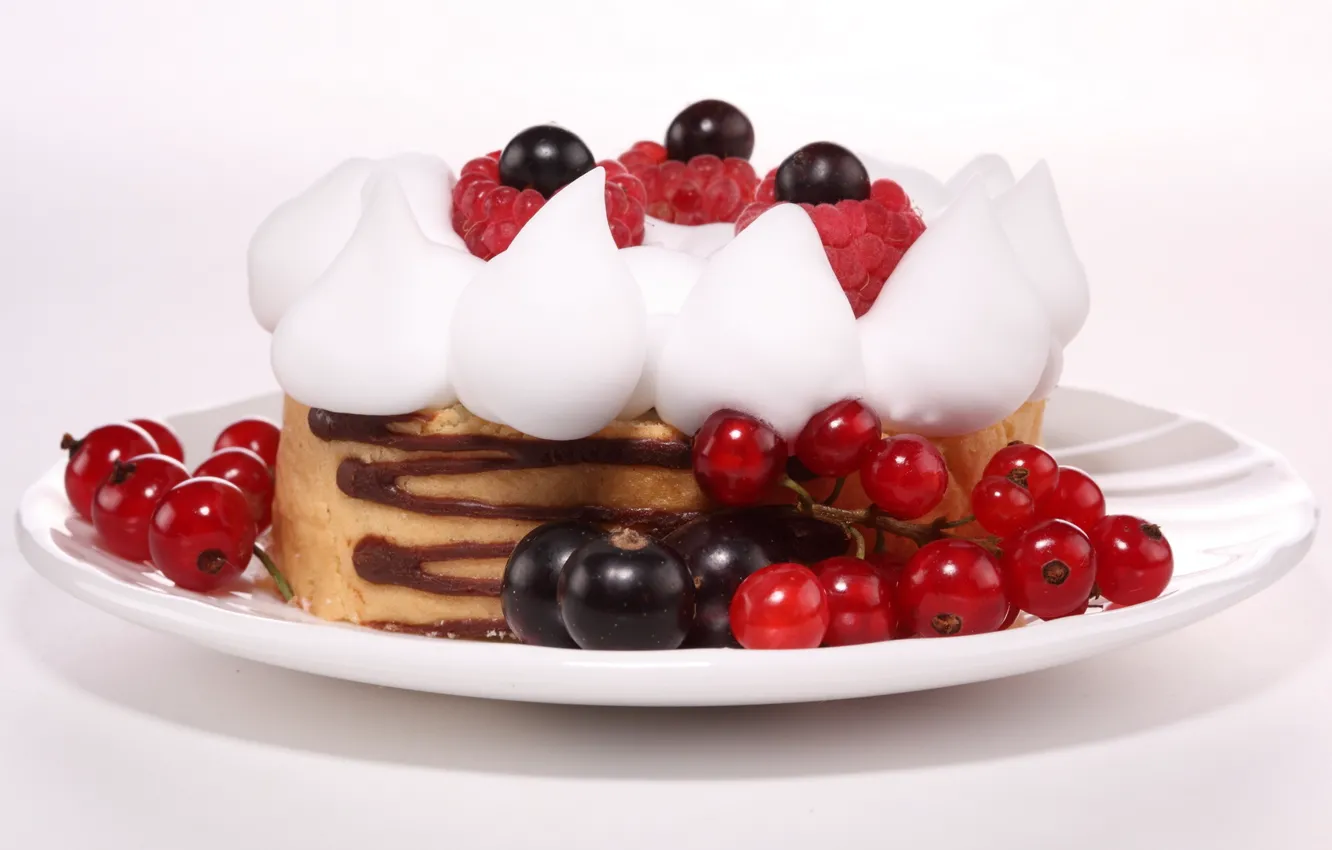 Photo wallpaper berries, raspberry, food, blueberries, plate, cake, cake, cream