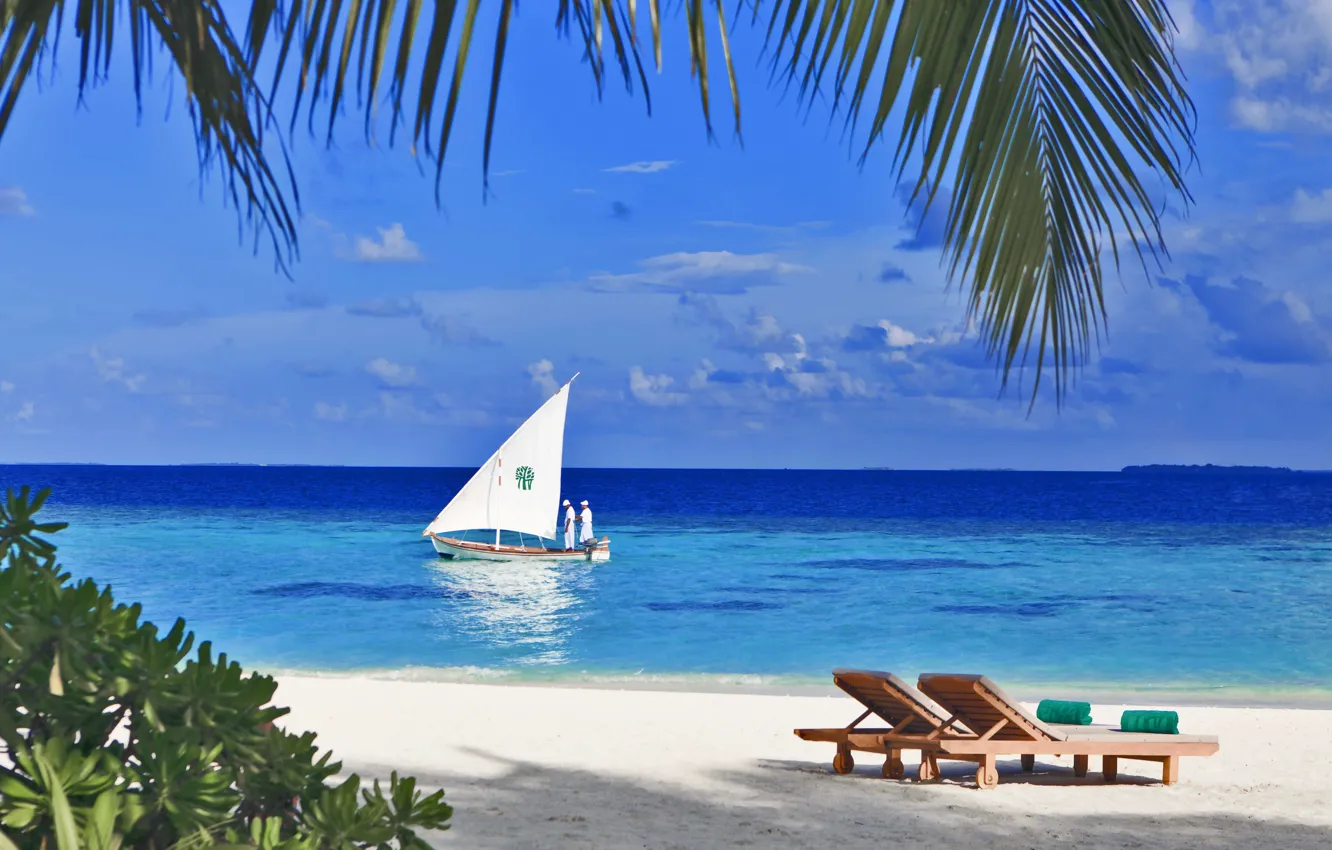 Photo wallpaper beach, ocean, boat, white sand, fantastic Maldives