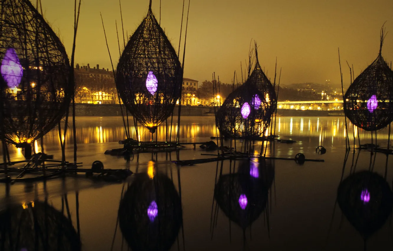 Photo wallpaper bridge, river, France, Lyon, The festival of lights