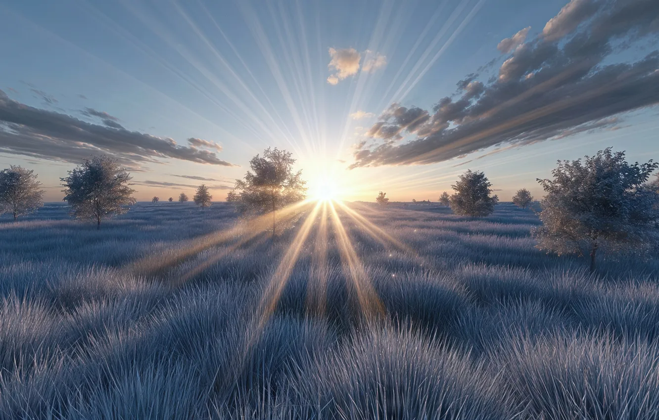 Photo wallpaper field, the sun, AI art, neural network
