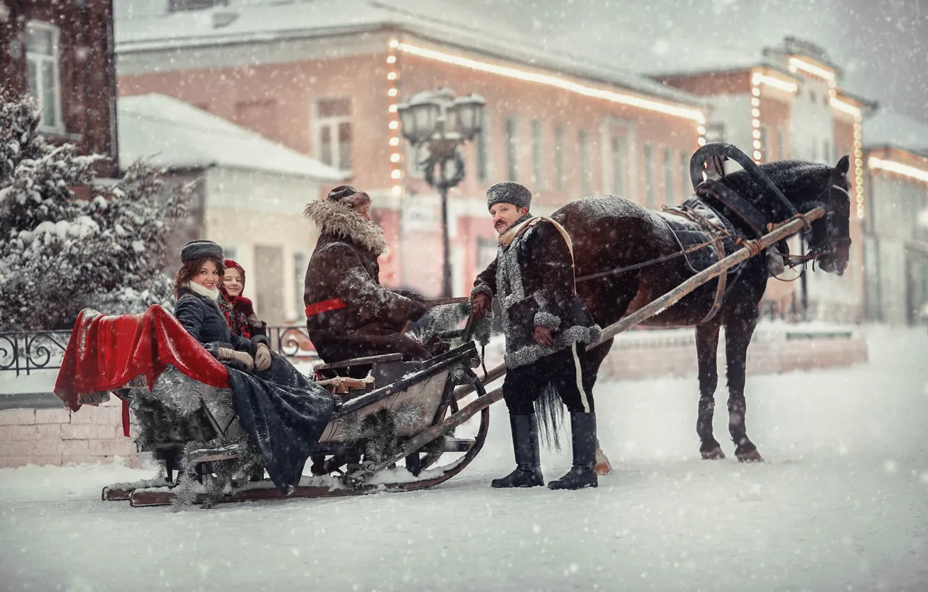 Photo wallpaper winter, women, snow, people, street, horse, lantern, sleigh