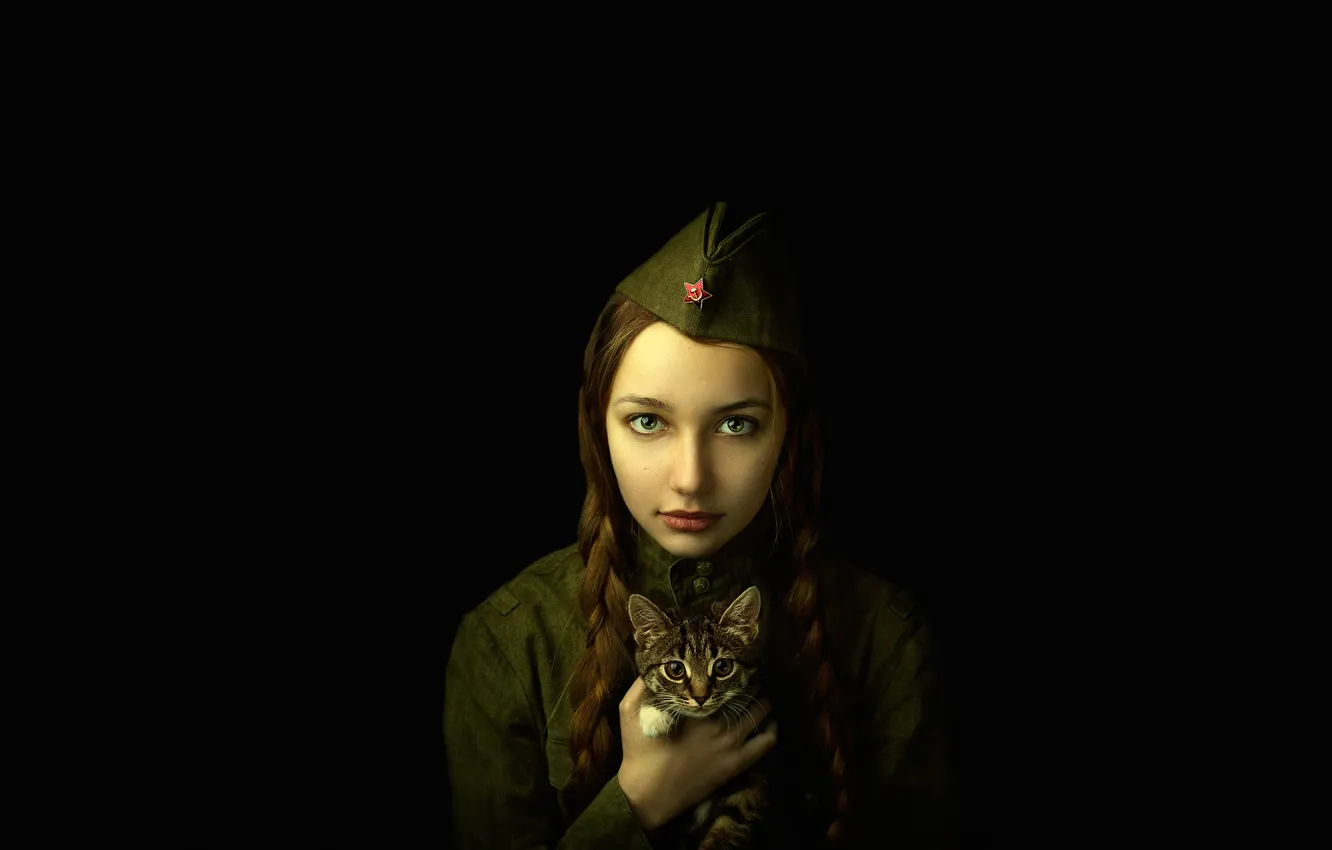 Photo wallpaper girl, portrait, braids, military uniform, kitty