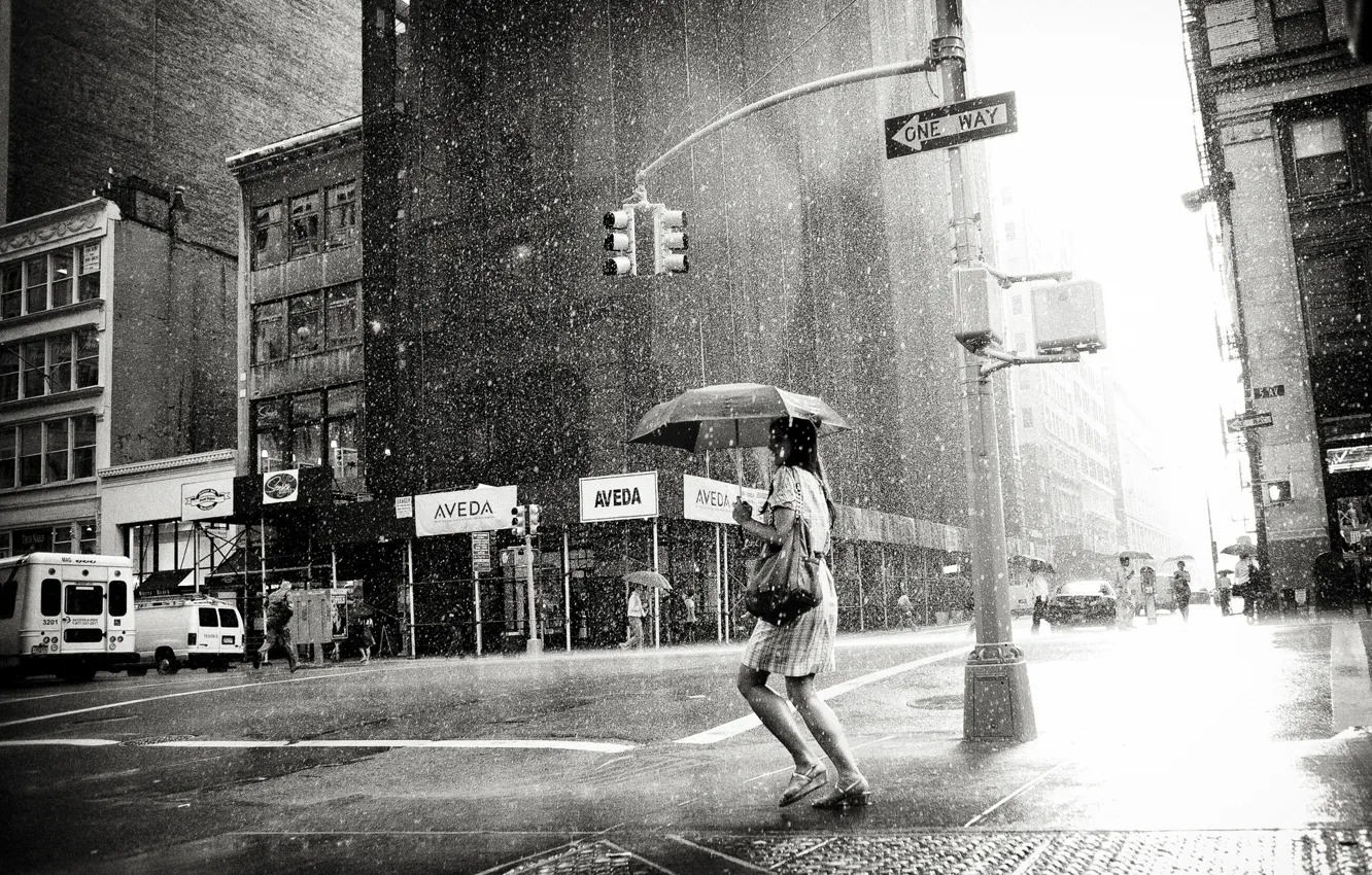 Photo wallpaper girl, city, the city, loneliness, rain, overcast, woman, black and white