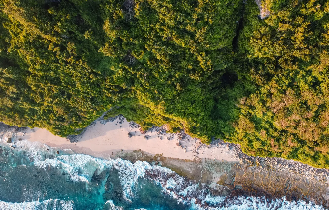 Photo wallpaper water, summer, waves, wood, sand, rocks, nature, beach
