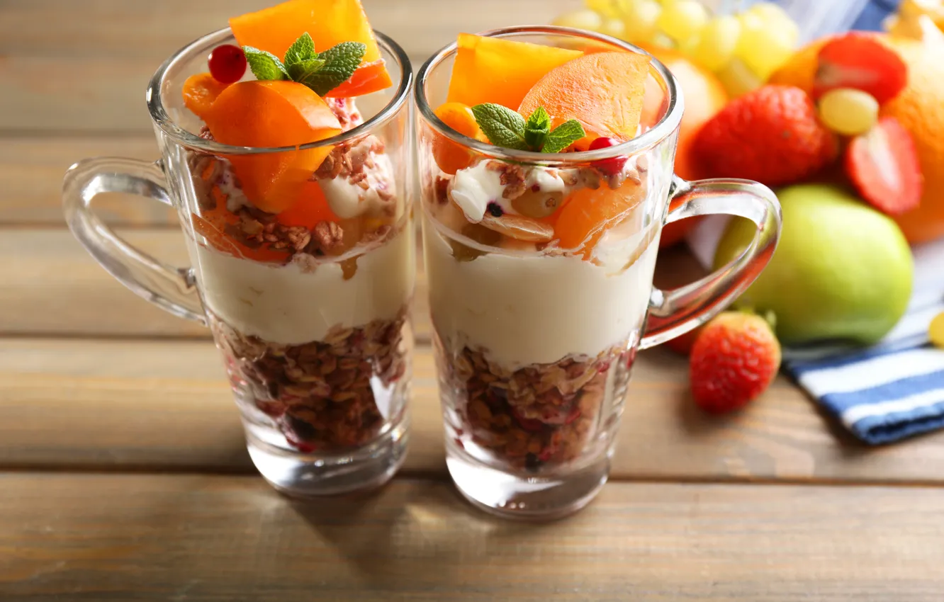 Photo wallpaper berries, fruit, fruit, sweet, cream, dessert, muesli, yogurt