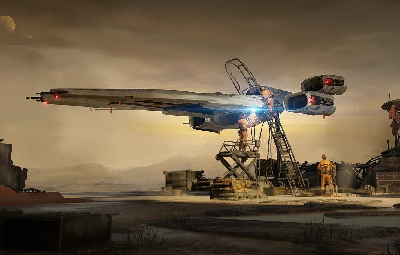 Photo wallpaper moon, fantasy, robot, desert, science fiction, spaceship, sci-fi, artist