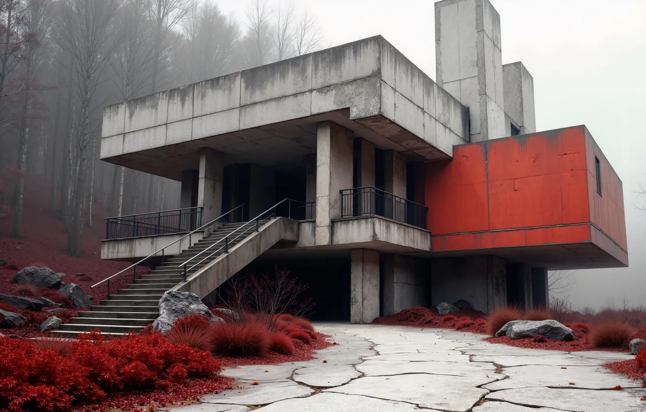 Photo wallpaper red, woods, ruin