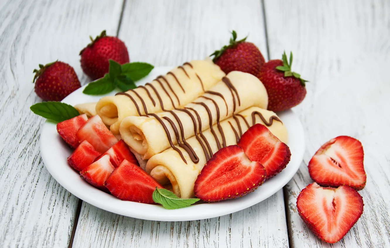 Photo wallpaper berries, chocolate, Breakfast, strawberry, cheese, pancakes, Olena Rudo