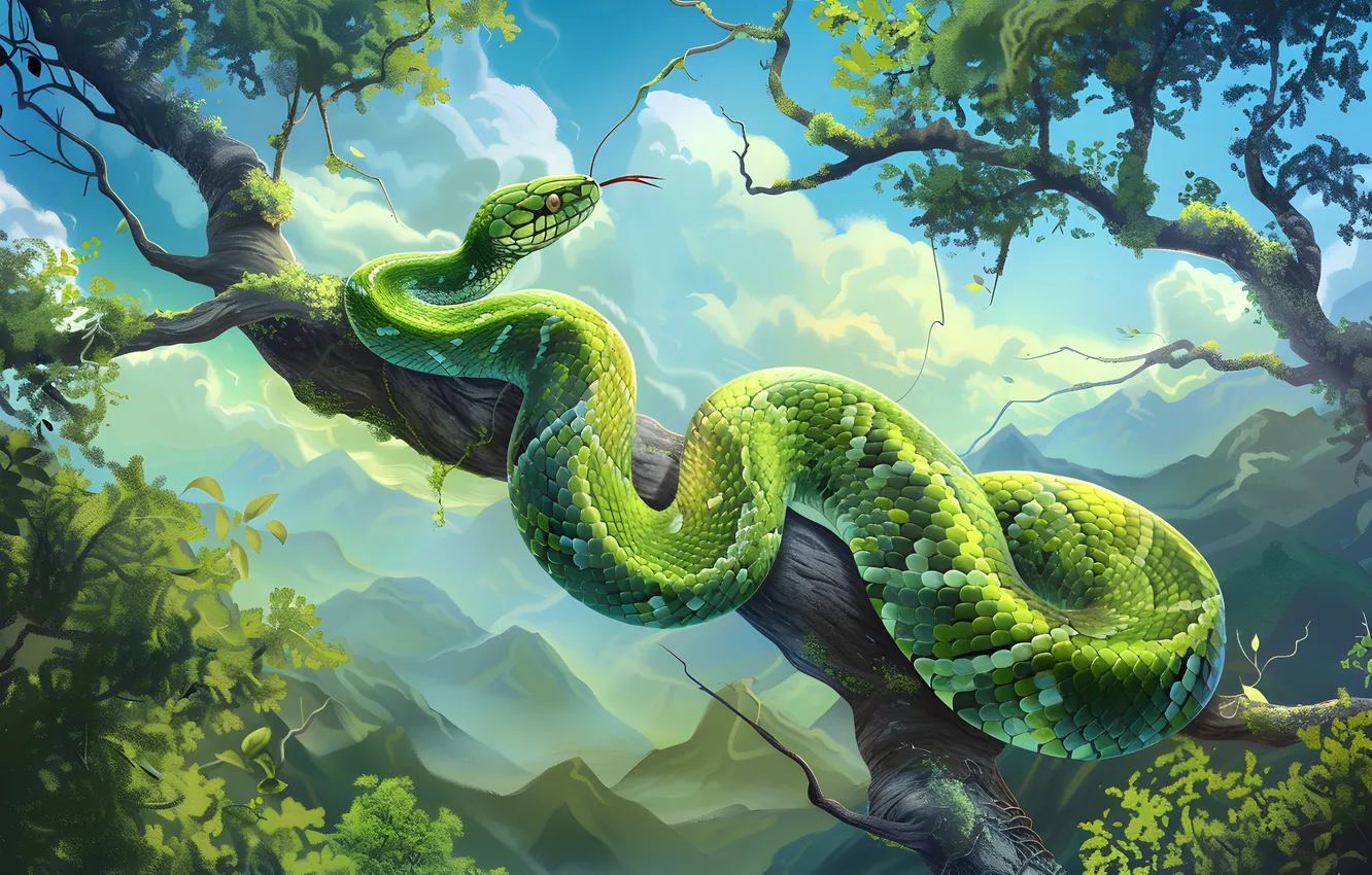 Photo wallpaper trees, mountains, animal, snake, art, reptile, digital art, imitation painting