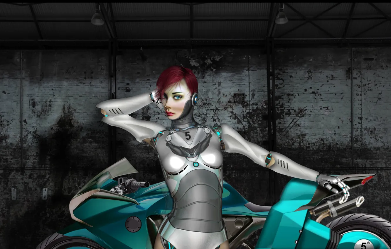 Photo wallpaper girl, metal, robot, art, motorcycle