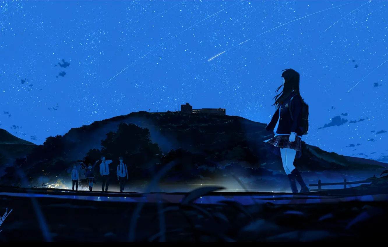 Photo wallpaper road, each, hills, the evening, puddle, art, students, starry sky