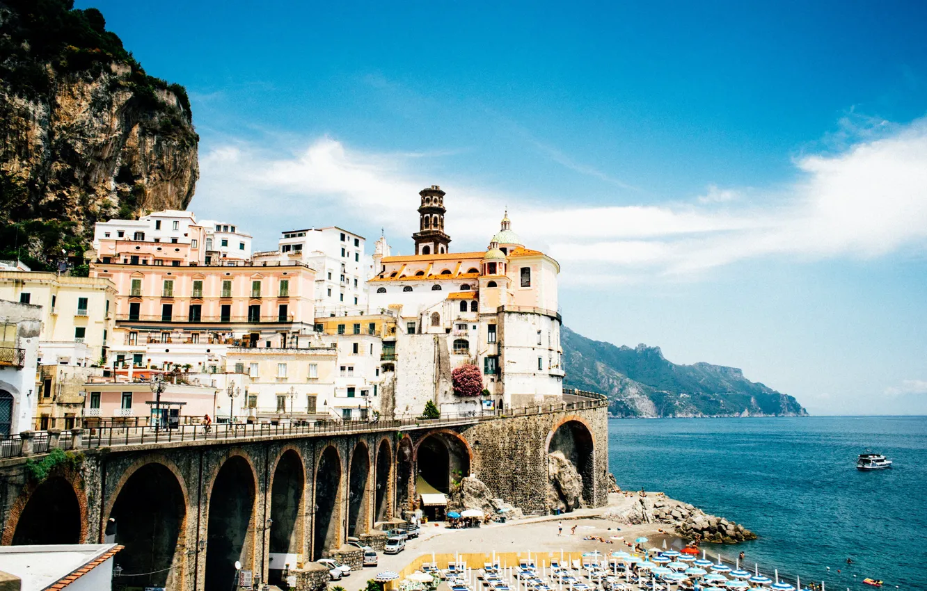 Photo wallpaper beach, sea, Italy, Campania, coast, Amalfi Coast, boat, bay