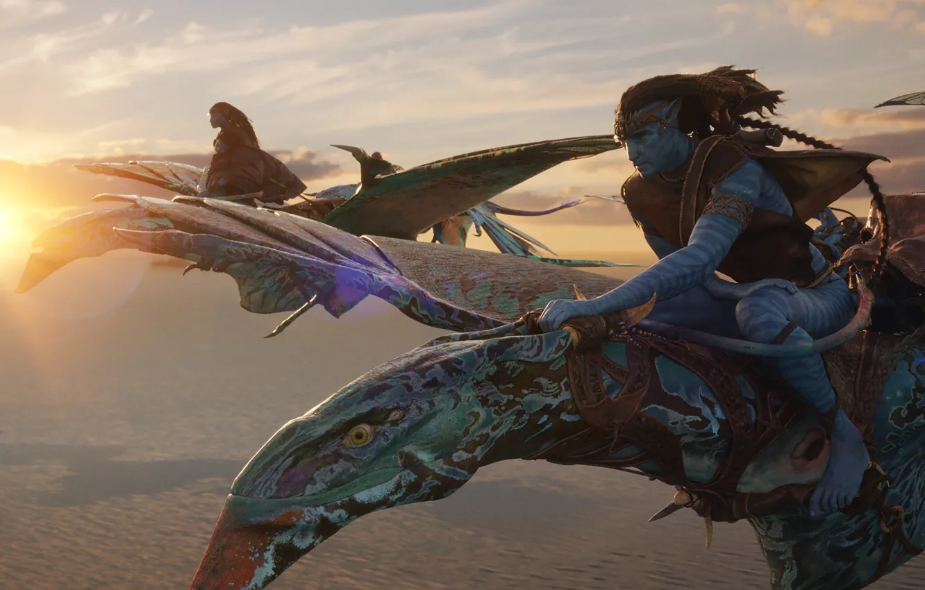 Photo wallpaper Avatar, Neytiri, flying, na'vi, Jake Sully, Avatar: The Way of Water, ikran