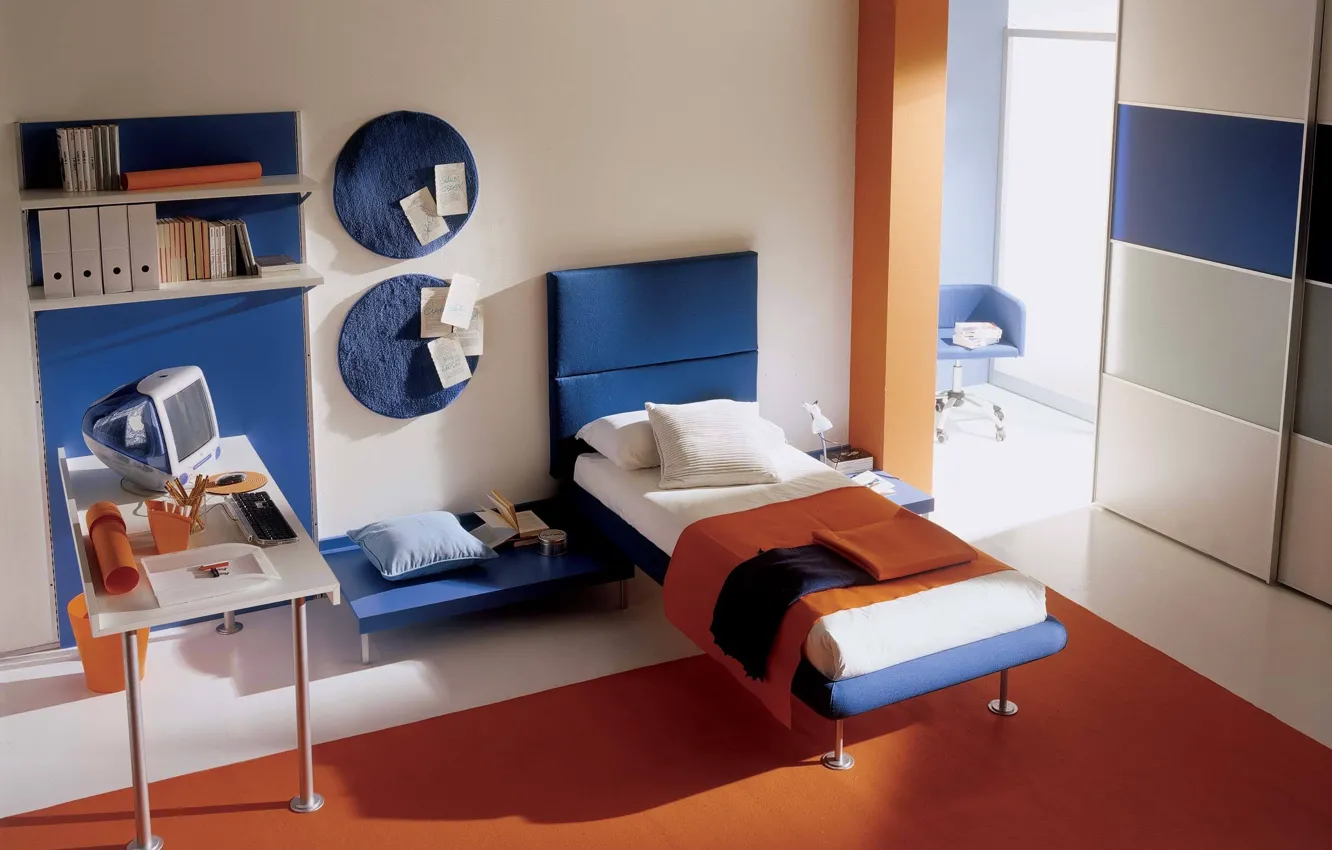 Photo wallpaper interior, decor, blue-orange, childrens bedroom