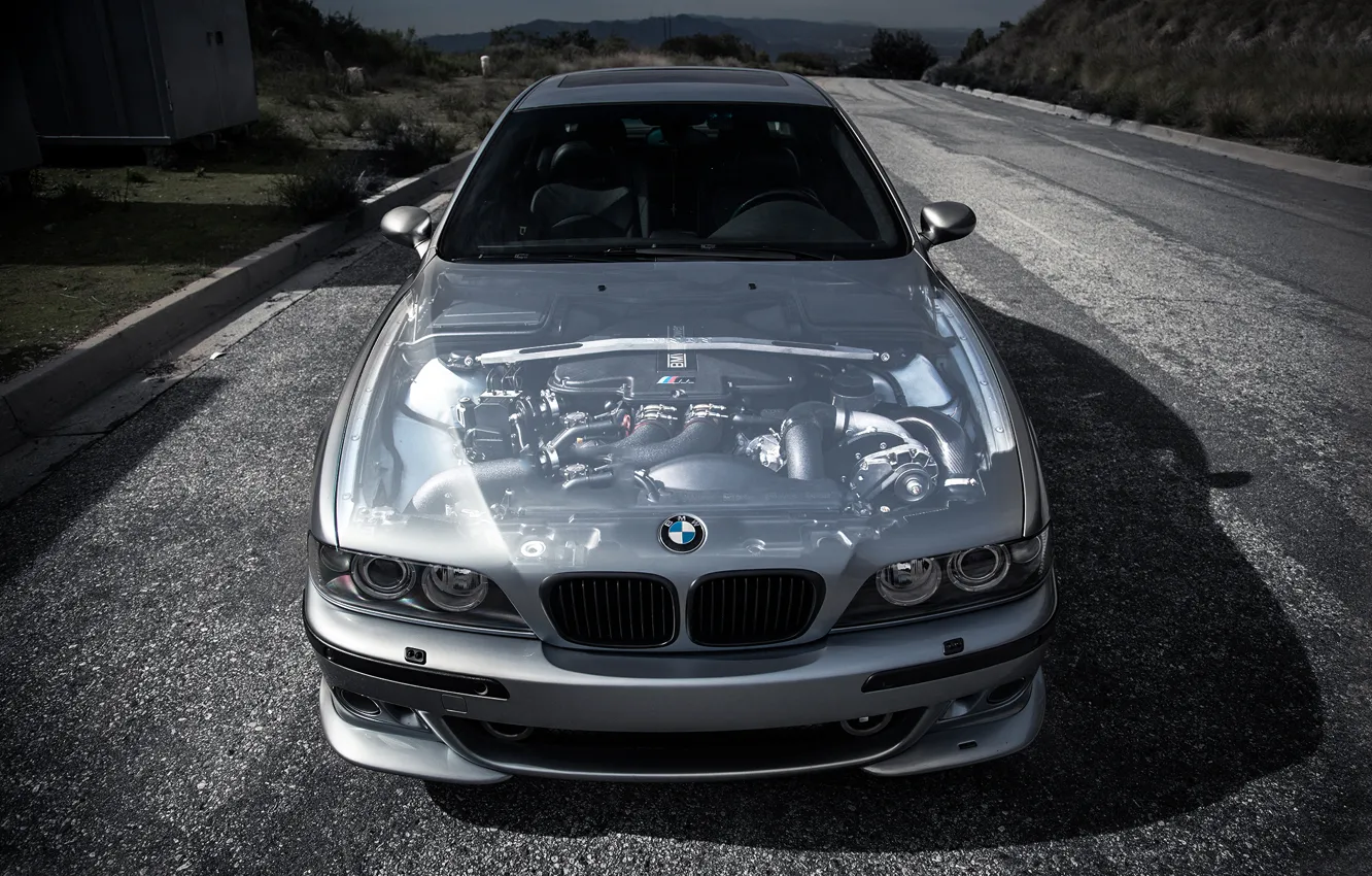 Photo wallpaper BMW, The hood, Engine, Lights, E39, BBS
