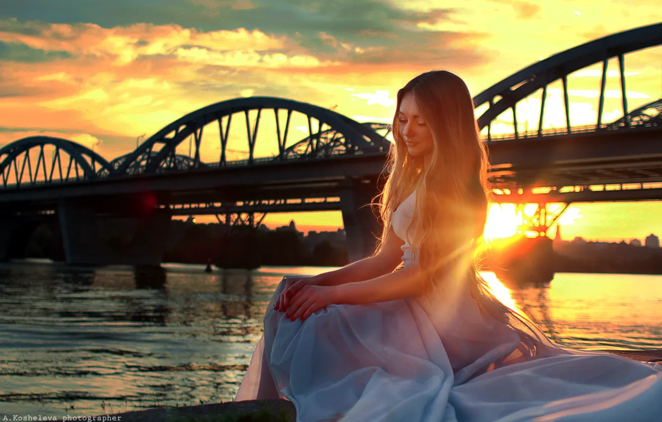 Photo wallpaper girl, sunset, bridge, pose, smile, river, mood, skirt