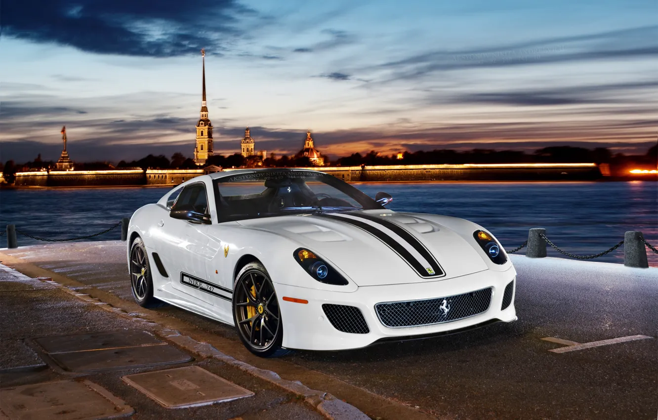 Photo wallpaper lights, river, the evening, supercar, promenade, Ferrari 599 GTO, sports car, 2 seater