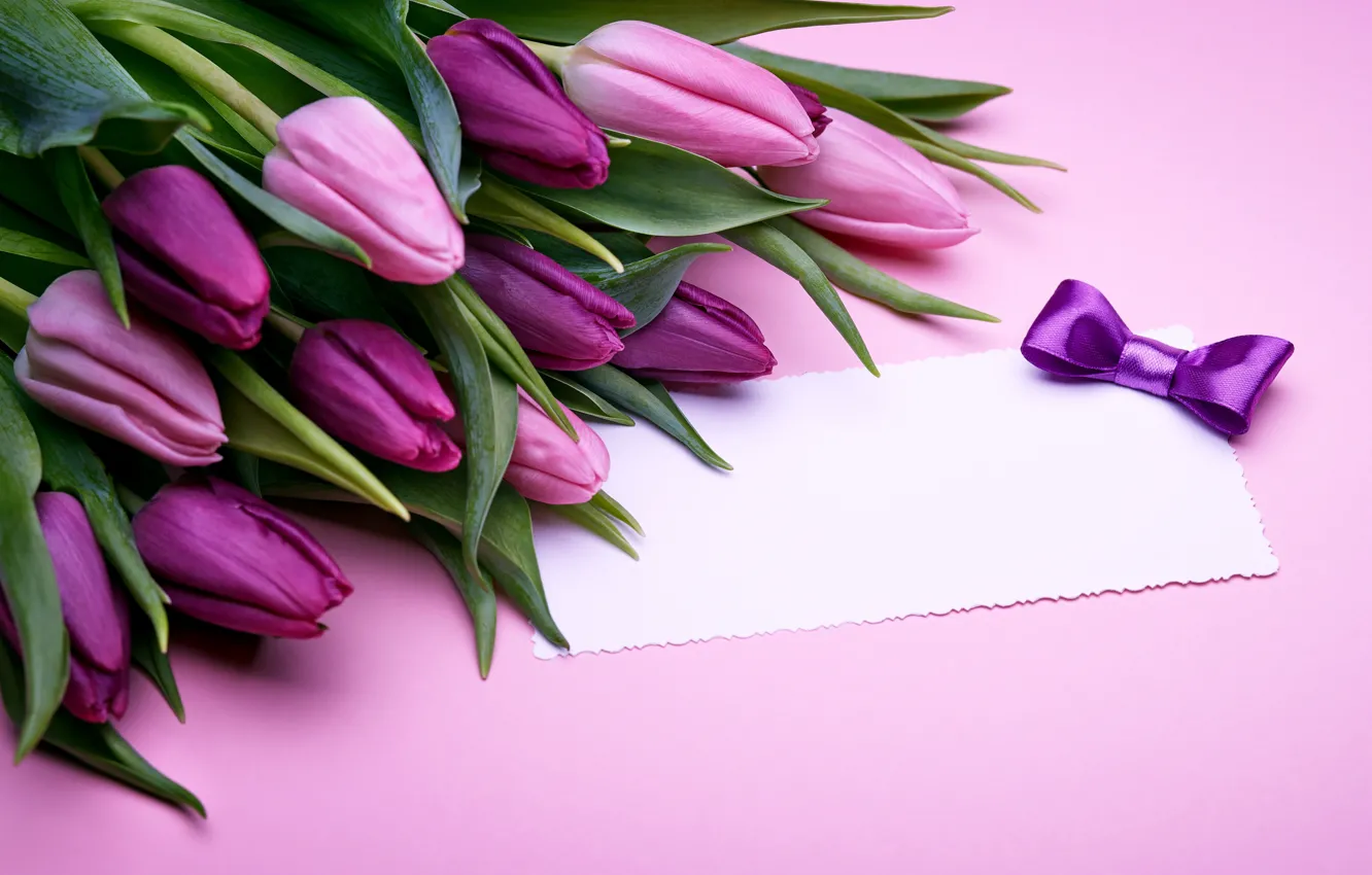 Photo wallpaper bouquet, tulips, love, pink, bow, fresh, pink, flowers