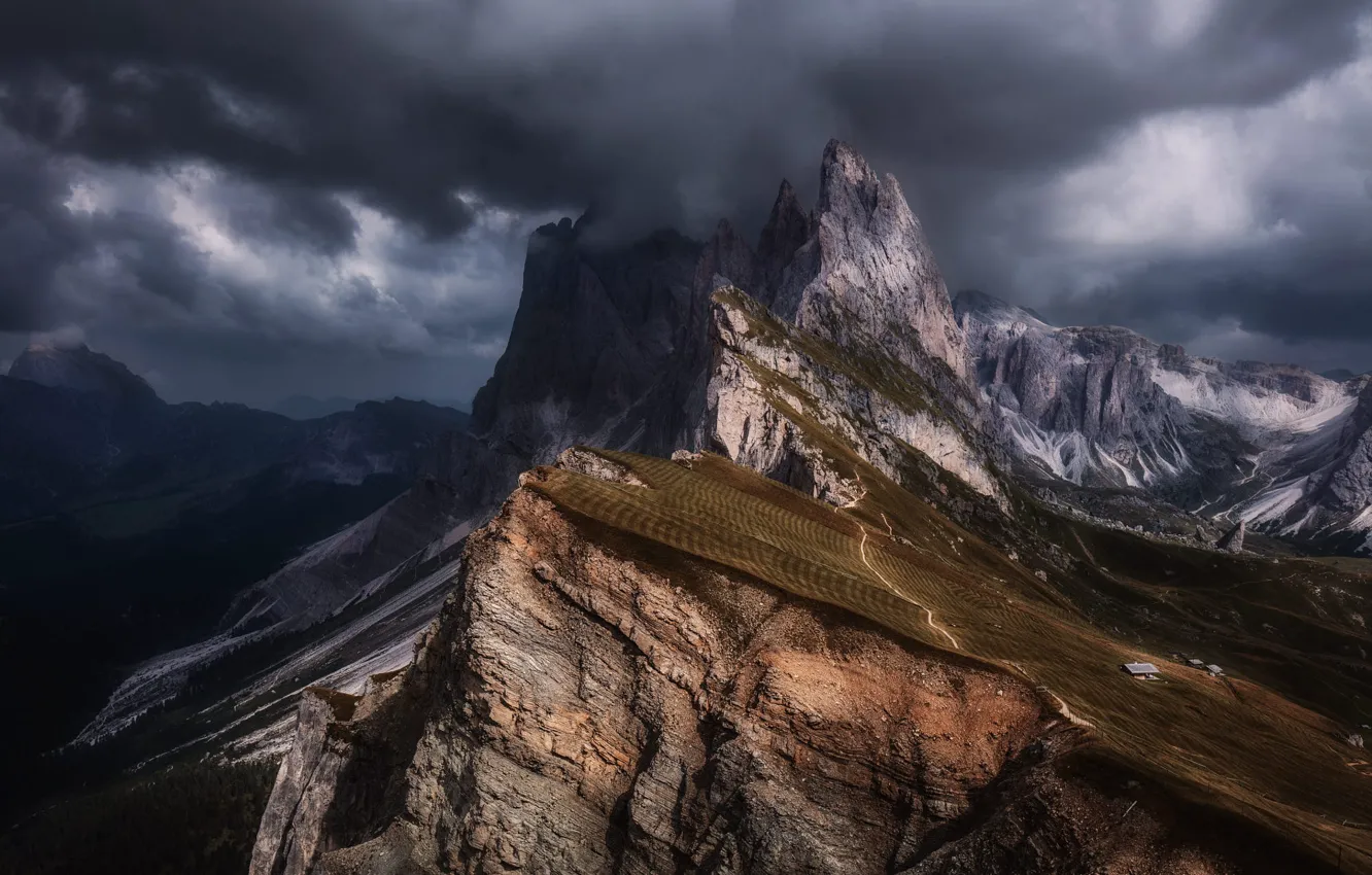 Photo wallpaper snow, mountains, rocks, house, The Dolomites