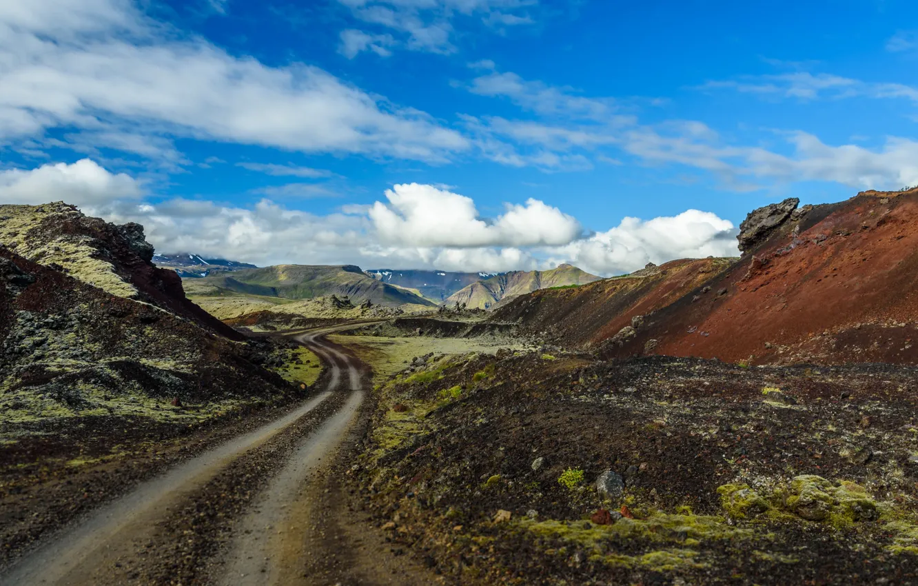Photo wallpaper road, the sky, clouds, mountains, Iceland, Iceland