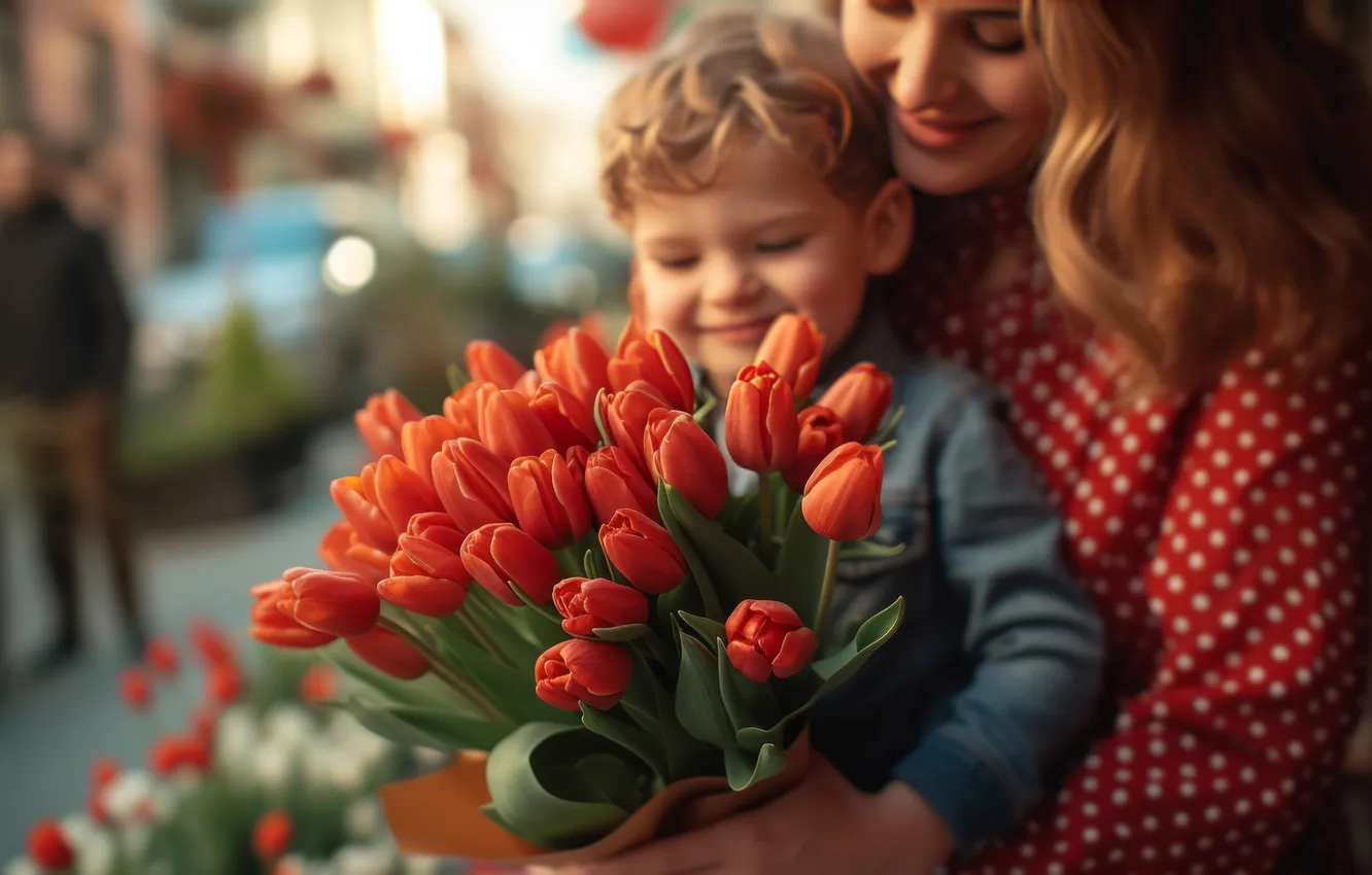 Photo wallpaper girl, flowers, children, birthday, gift, woman, bouquet, spring