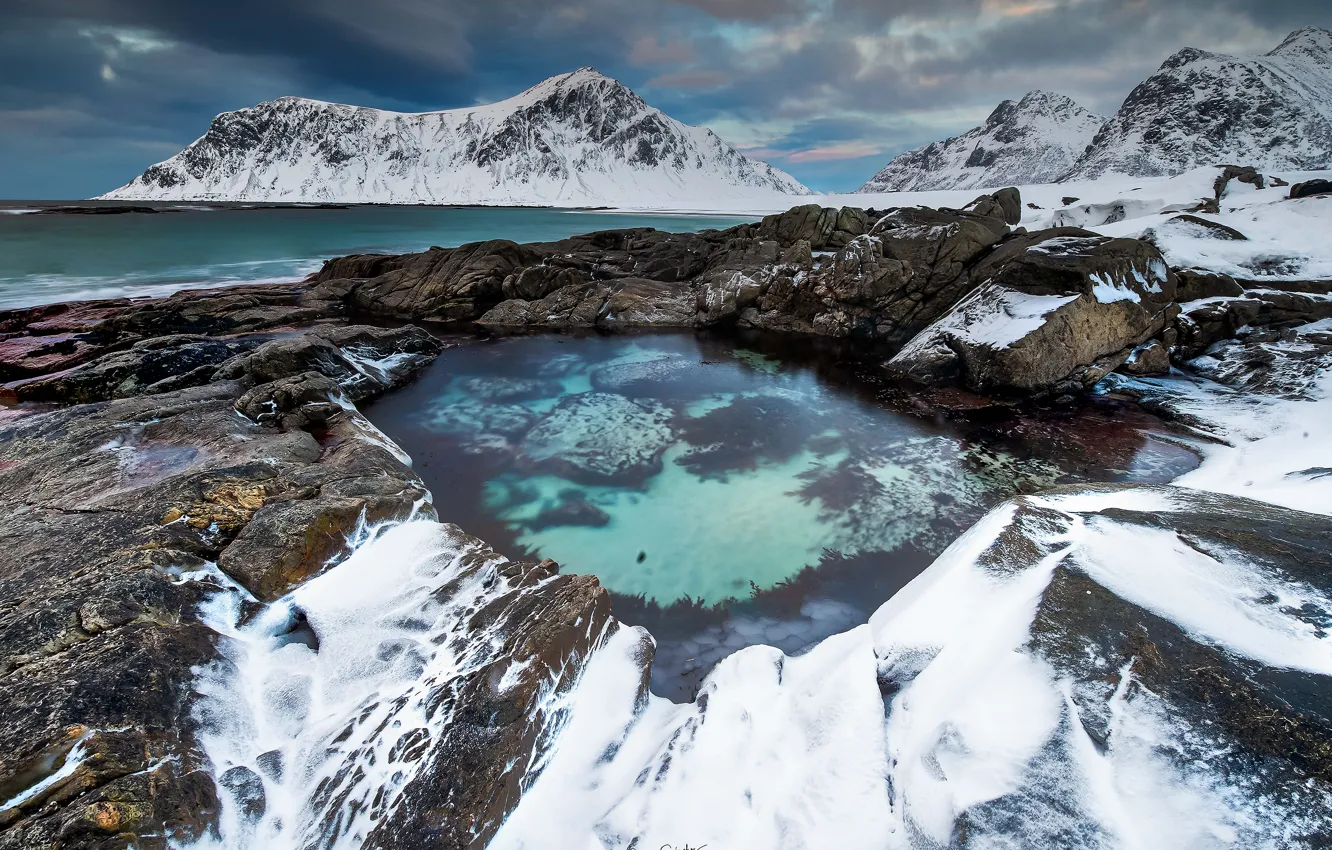 Photo wallpaper winter, snow, mountains, stones, rocks, shore, Iceland, pond