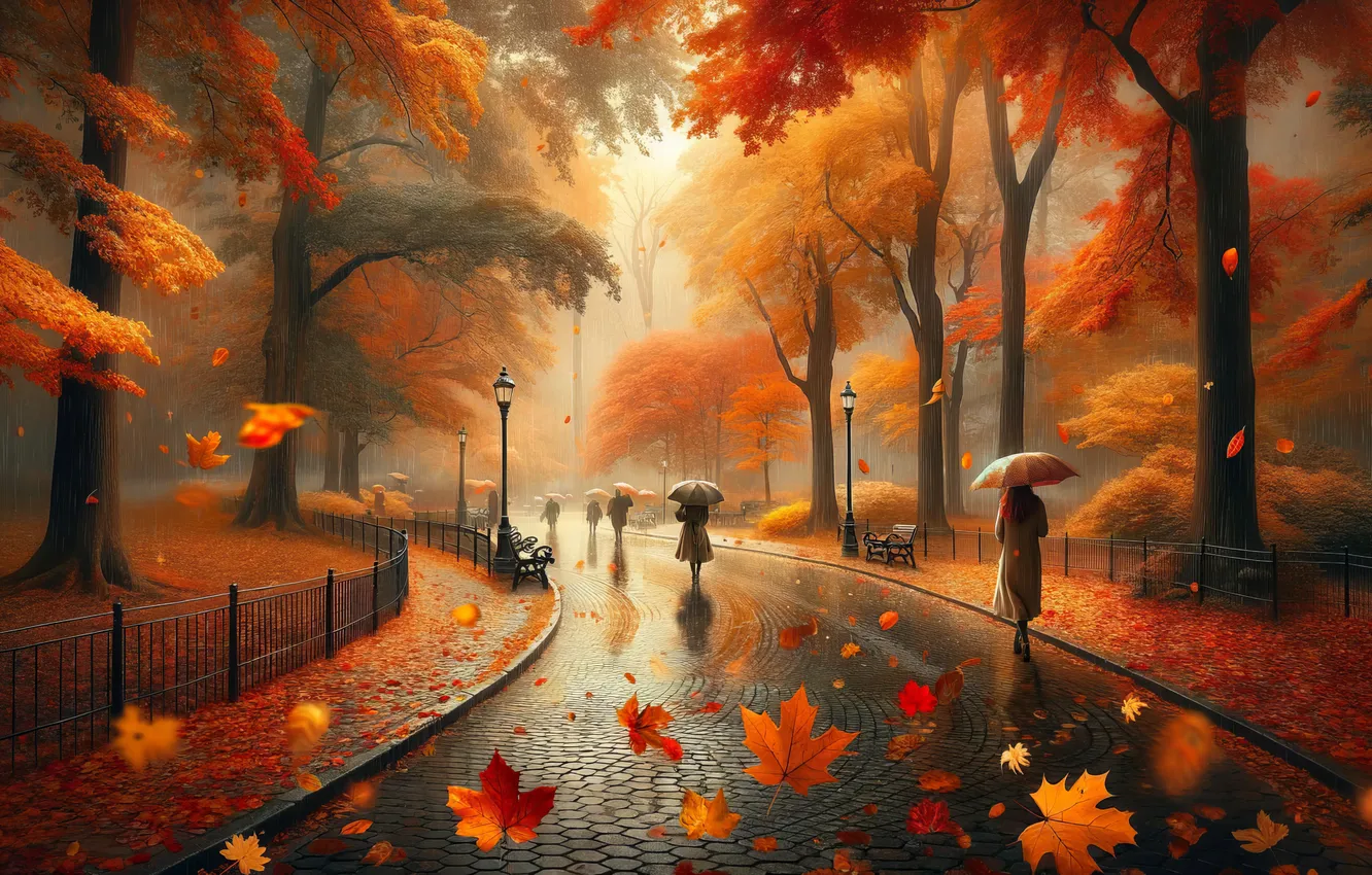 Photo wallpaper rain, landscape, park, autumn, people, umbrellas, foliage