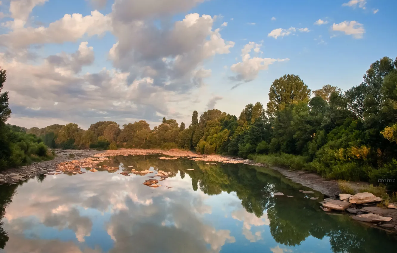 Photo wallpaper clouds, reflection, dawn, morning, Adygea, Marina Fadeeva, the White River